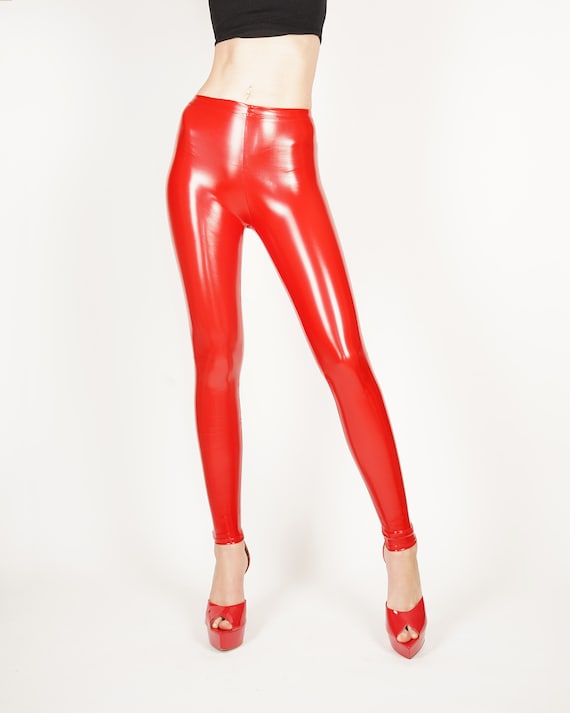 Stretch Vinyl Bright Red Leggings High Waisted Tights PVC PU Faux