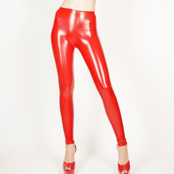 Stretch Vinyl Hell Rot Leggings Hohe Taille Strumpfhose PVC PU Kunstleder Hose Spandex Größe S M L XL xxl Plus Size