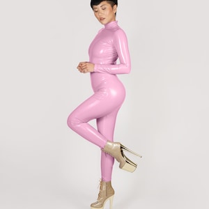 Custom Made Light Baby Pink Stretch Vinyl Catsuit PVC PU Faux Latex Leather Bodysuit Festival Jumpsuit Costume Size S M L XL xxl Plus