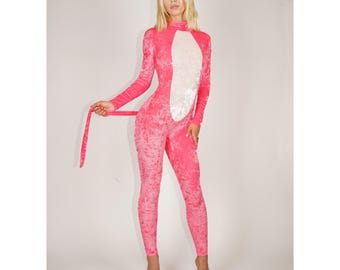 Roze fluwelen kostuum spandex bodysuits dierencatsuit maat XS SML XL