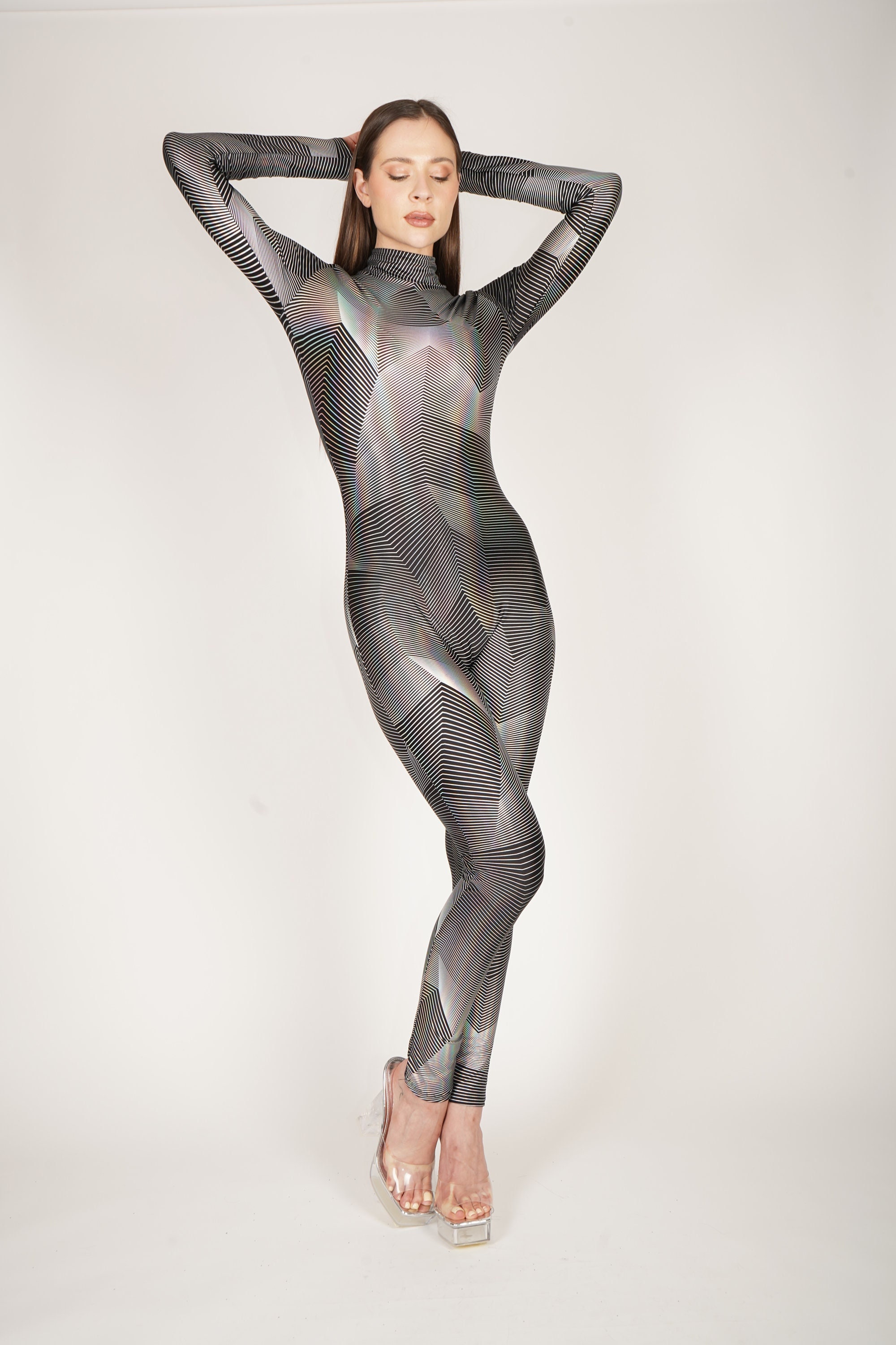 Metallic Silver Lines Geometric Print Catsuit Turtle Neck