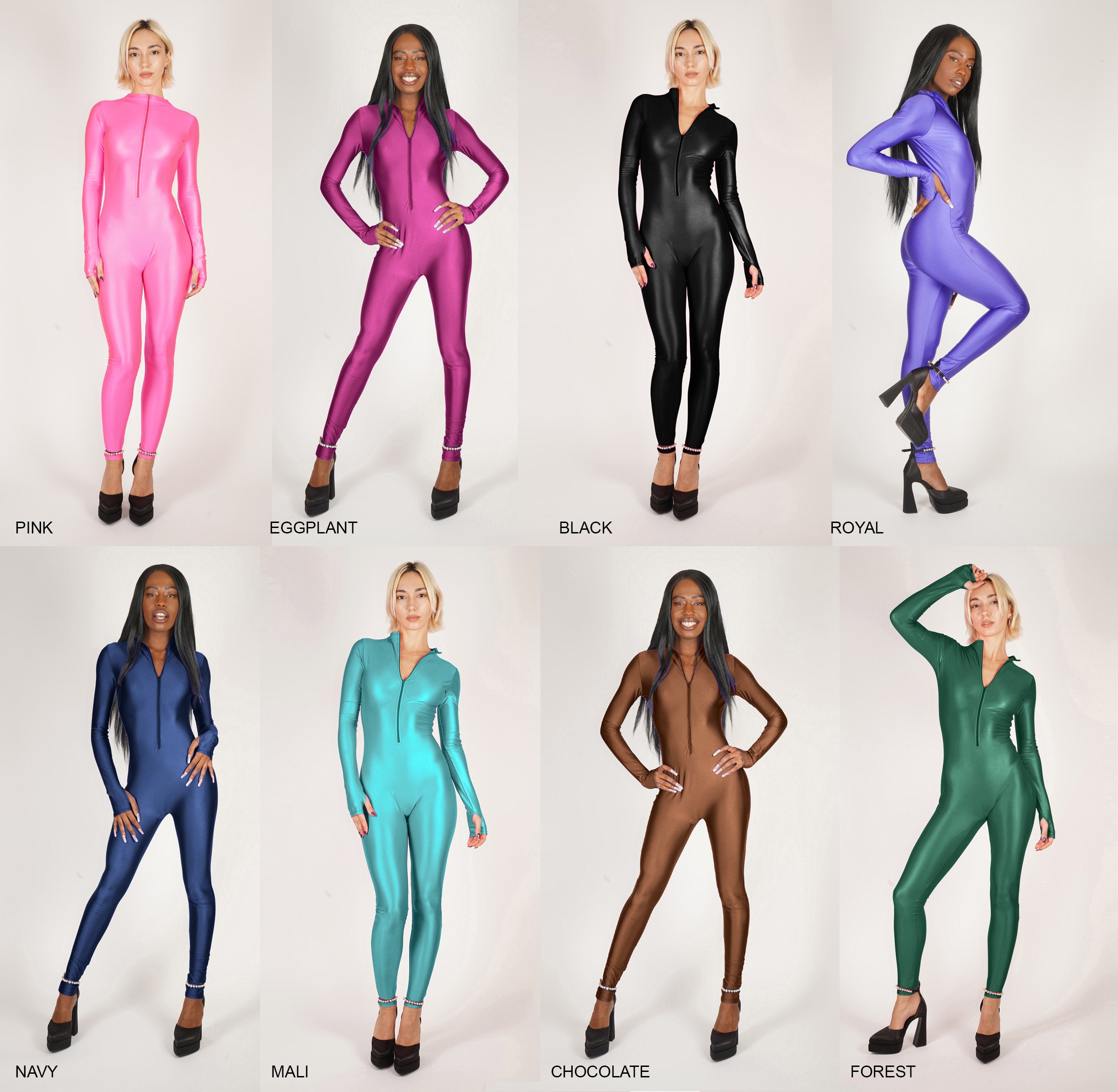 Forest Green Shiny Nylon Spandex Catsuit Front Zipper