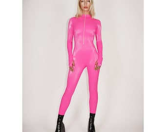 Beschadigde laatste verkoop Felroze stretchvinyl catsuit PU bodysuit met rits aan de voorkant neplatex Maat M