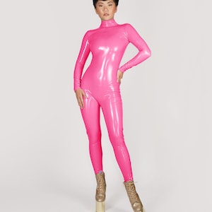 Hot Pink Stretch Vinyl Catsuit PVC PU Faux Latex Leather Turtle Neck Bodysuit Jumpsuit Barbie Bondage Halloween Costume Size xS S M L XL image 5
