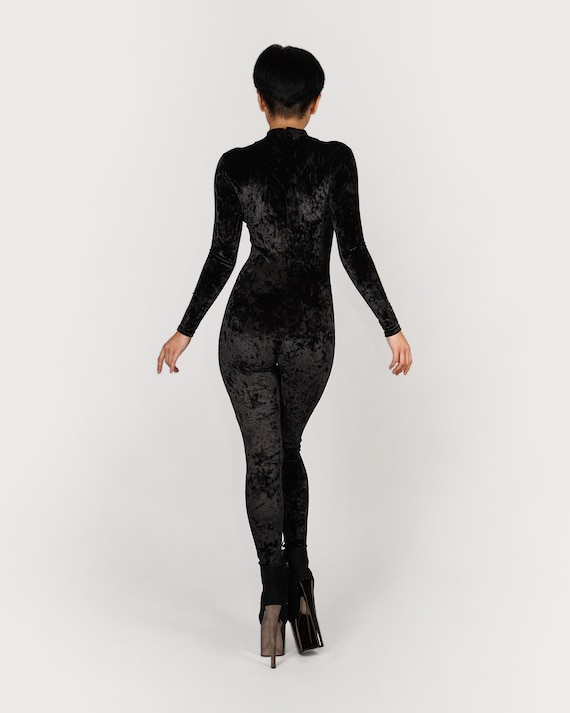 Purple Crushed Stretch Velvet Catsuit Jumpsuit Unitard