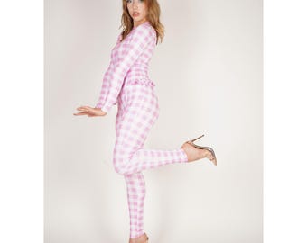 Pink Plaid Catsuit Spandex Jumpsuit With Ruffles Unitard Frills Bodysuit Size S M L XL