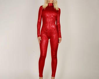 Verbrijzeld glas rode catsuit spandex hologram iriserende jumpsuit Unitard bodysuit mystiek metallic kostuum maat XS SML XL