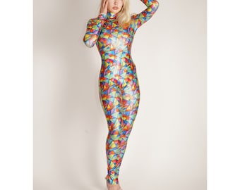 Kaleidoscope Rainbow Catsuit Wet Look Turtle Neck Tinted Glass Bodysuit Festival Jumpsuit Metallic Custom Made Size S