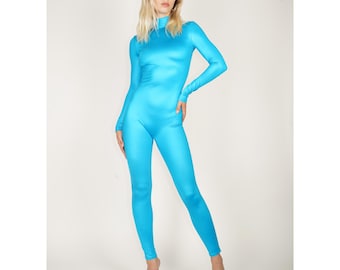 Catsuit In Shiny Blue Customizable Unitard Full Bodysuit Nylon Spandex Size S M L XL Custom
