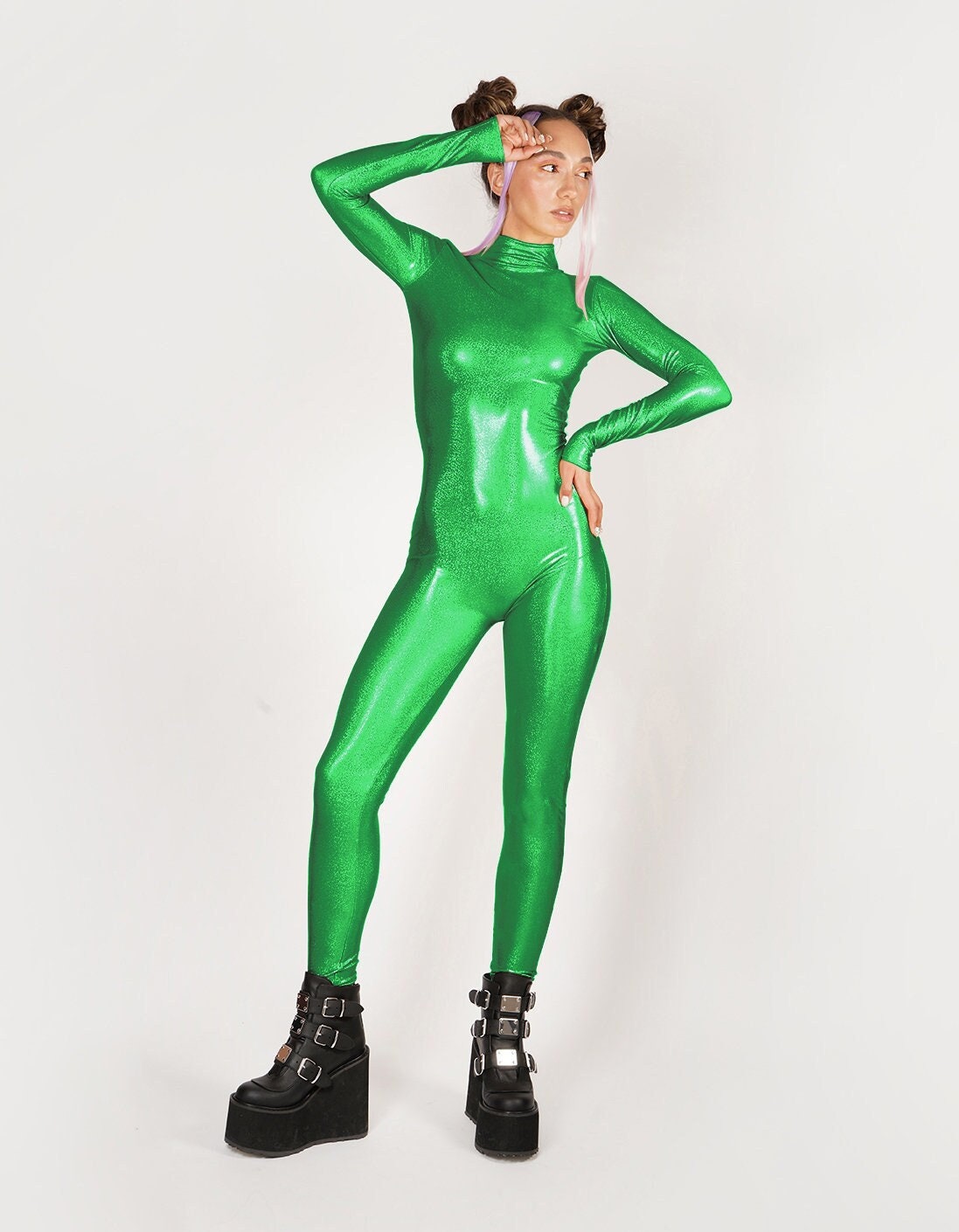 Hologram Iridescent Green Catsuit Spandex Jumpsuit Unitard Bodysuit  Mystique Metallic Festival Costume Size S M L XL 