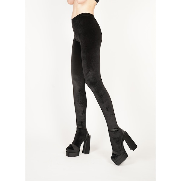 Footed Leggings Black Stretch Velvet Customizable Spandex Size XS S M L XL XXL Regular and Long