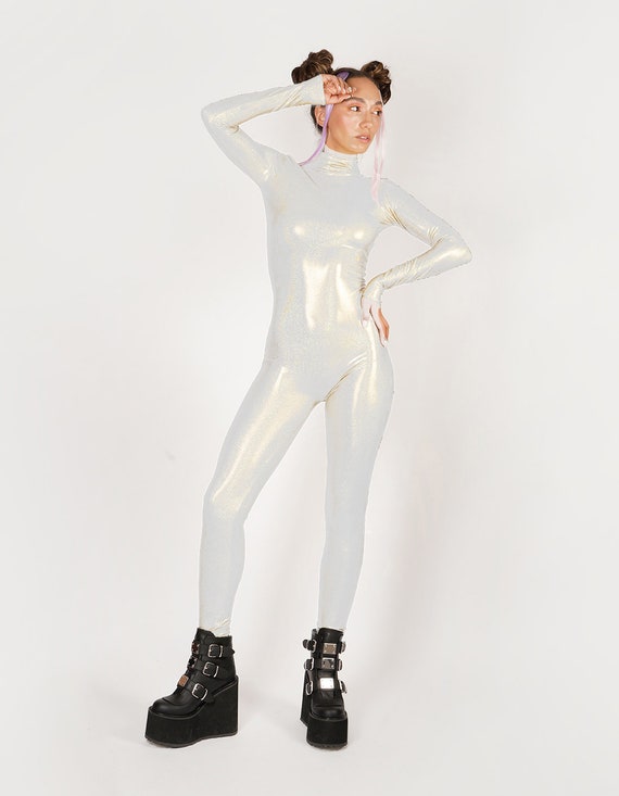 Hologram Iridescent White Silver Catsuit Spandex Jumpsuit Unitard