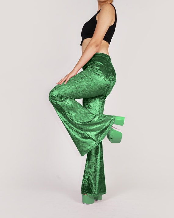 Metallic Kelly Green Crushed Velvet Flare Leggings Customizable High  Waisted Bell Bottom Pants 70's Spandex Size S M L XL Short Long 