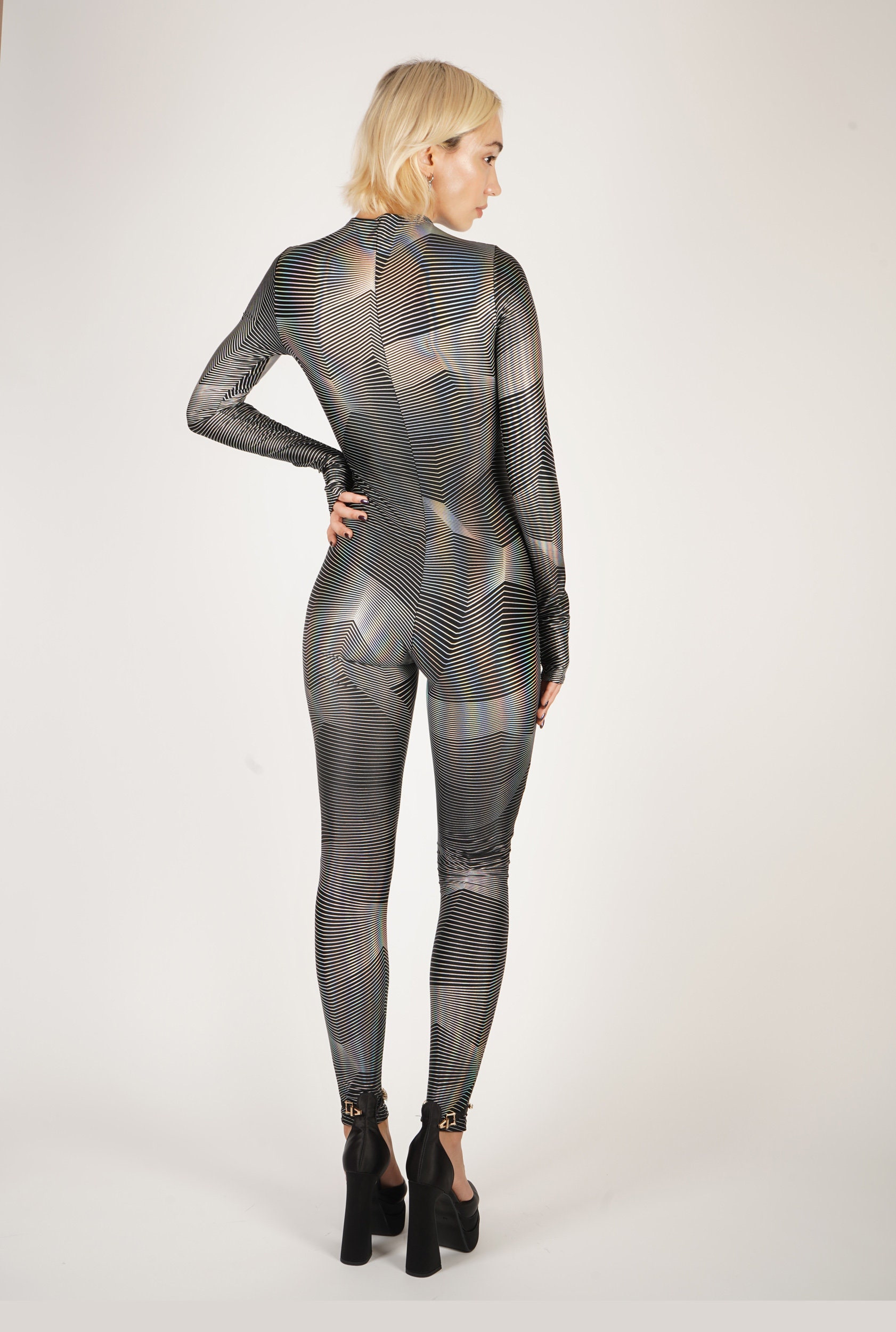 Metallic Silver Lines Geometric Print Catsuit Front Zipper