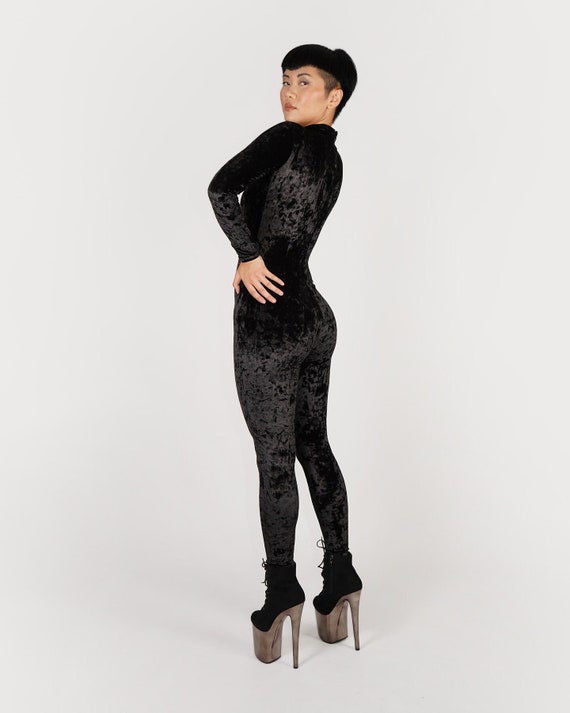 Buy Black Crushed Stretch Velvet Catsuit Jumpsuit Unitard Bodysuit