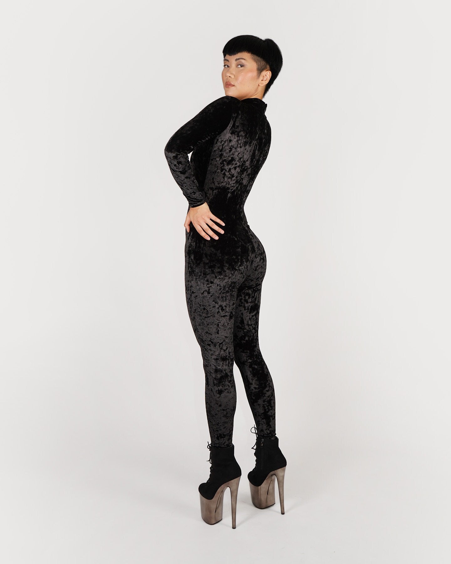 Black Crushed Stretch Velvet Catsuit Jumpsuit Unitard Bodysuit Long Sleeves  Turtle Neck Full Body Velour Onesie Spandex Velour Size S M L XL 