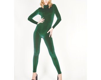 Dark Green Stretch Velvet Catsuit Unitard Bodysuit Turtle Neck Forest Emerald Velour Size S, M, L, XL
