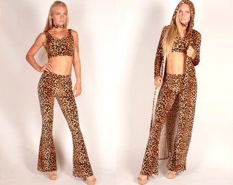 Velvet Leopard Flare Leggings Bell Bottom Pants Spandex Cheetah Shania Twain Hooded Trench Coat Bra Choker Halloween Costume