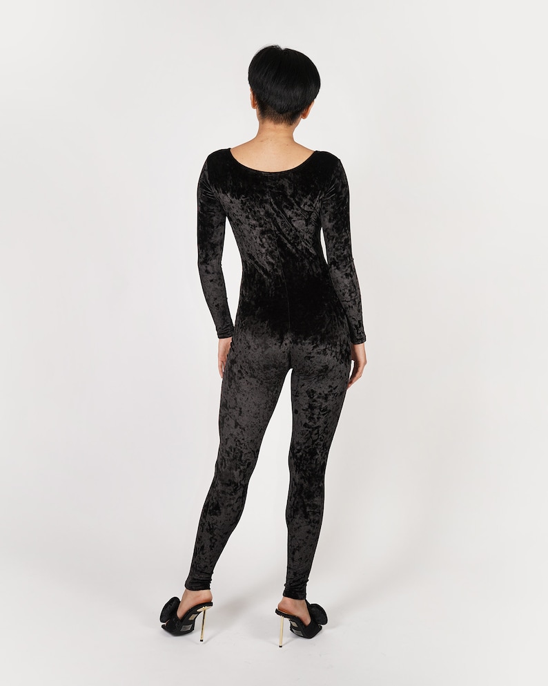 Black Crushed Stretch Velvet Catsuit Jumpsuit Unitard Bodysuit Etsy