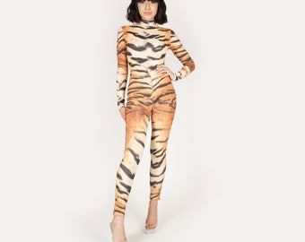 Tiger Spandex Catsuit Jumpsuit Animal Safari Unitard Big Cat Bodysuit Halloween Costume Non Velvet Onesie Size S M L XL