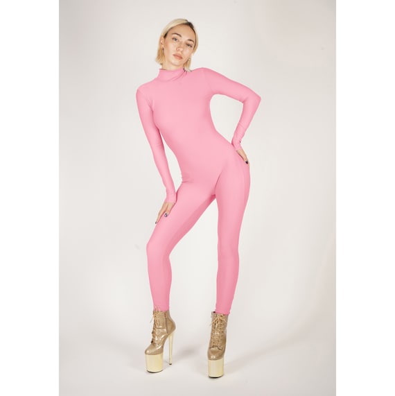 Light Pink Catsuit Turtle Neck Unitard Matte Nylon Spandex Bodysuit Jumpsuit  Barbie Costume Dance One Piece Performance Onesie Size S M L XL 