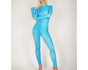 Blue Water Print Catsuit Spandex Ocean Wave Liquid Droplet