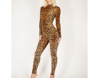 Leopard Print Velvet Catsuit With Optional Tail Jumpsuit Costume