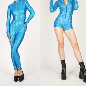 Royal Blue Shattered Glass Catsuit Front Zipper Hologram Jumpsuit Unitard Bodysuit Long Sleeves Thumb Holes Spandex Romper Size S M L XL