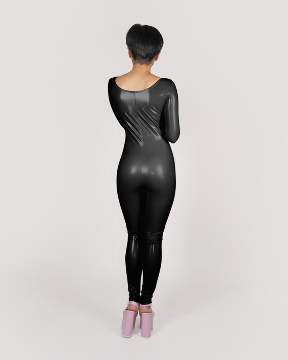 Black Stretch Vinyl Catsuit PVC PU Faux Leather Faux Latex Scoop