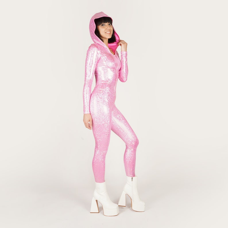 Sparkly Light Pink Hooded Bodysuit Snow Bunny Barbie Spandex Iridescent ...