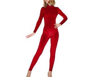 Dark Red Stretch Velvet Catsuit Jumpsuit Unitard Bodysuit Turtle Neck Full Body Blood red Velour One Piece Size S, M, L, XL, XXL