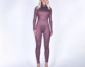 Catsuit In Shiny Mauve Customizable Unitard Full Bodysuit Nylon Spandex Size S M L XL Custom