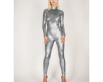 Custom Made Silver Stretch Vinyl Catsuit PVC PU Turtle Neck