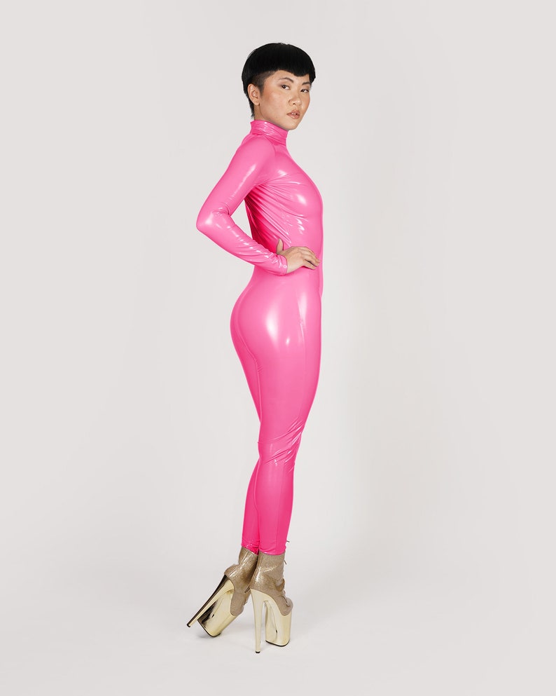 Hot Pink Stretch Vinyl Catsuit PVC PU Faux Latex Leather Turtle Neck Bodysuit Jumpsuit Barbie Bondage Halloween Costume Size xS S M L XL image 7