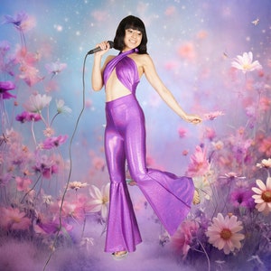 Selena Inspired Costume Purple Glitter Sparkle Catsuit Jumpsuit Bell Bottom Halter Salina Celebrity Halloween Outfit Size XS S M L XL