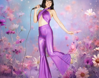 Selena Inspired Costume Purple Glitter Sparkle Catsuit Jumpsuit Bell Bottom Halter Salina Celebrity Halloween Outfit Size XS S M L XL