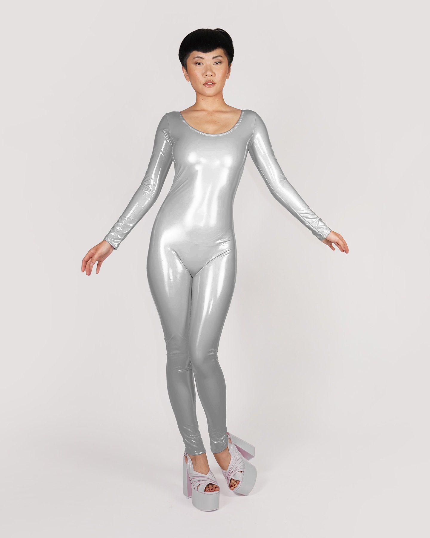 カスタムメイド シルバー ストレッチビニール キャットスーツ PVC PU