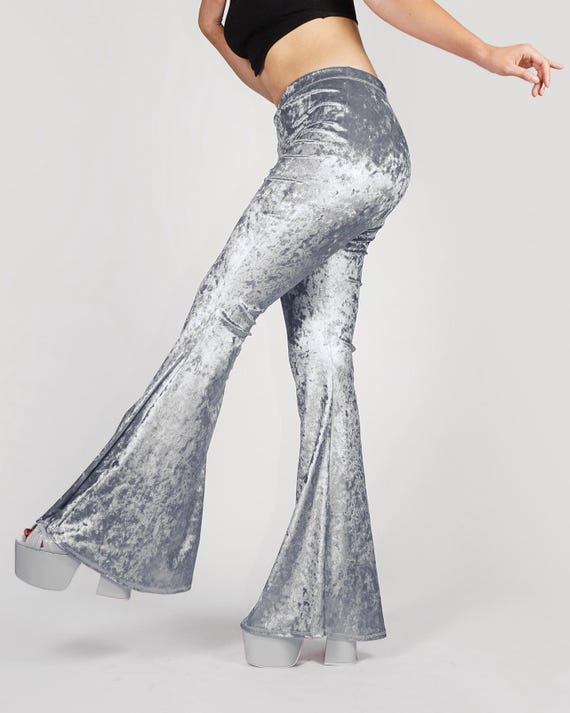Metallic Silver Crushed Velvet Flare Leggings Customizable Inseam