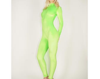 Limoengroene stretch fluwelen catsuit jumpsuit Unitard romper coltrui velours maat S, M, L, XL