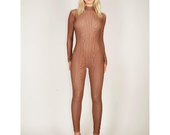 Wood Grain Print Catsuit Spandex Jumpsuit Unitard Bodysuit Full Body Long Sleeves Groot Costume Size S M L XL XXL