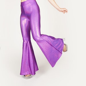 Hologram Purple Glitter Flare Leggings High Waisted Bell Bottom Pants 70&#39;s Spandex Sparkly Size S M L XL XXL