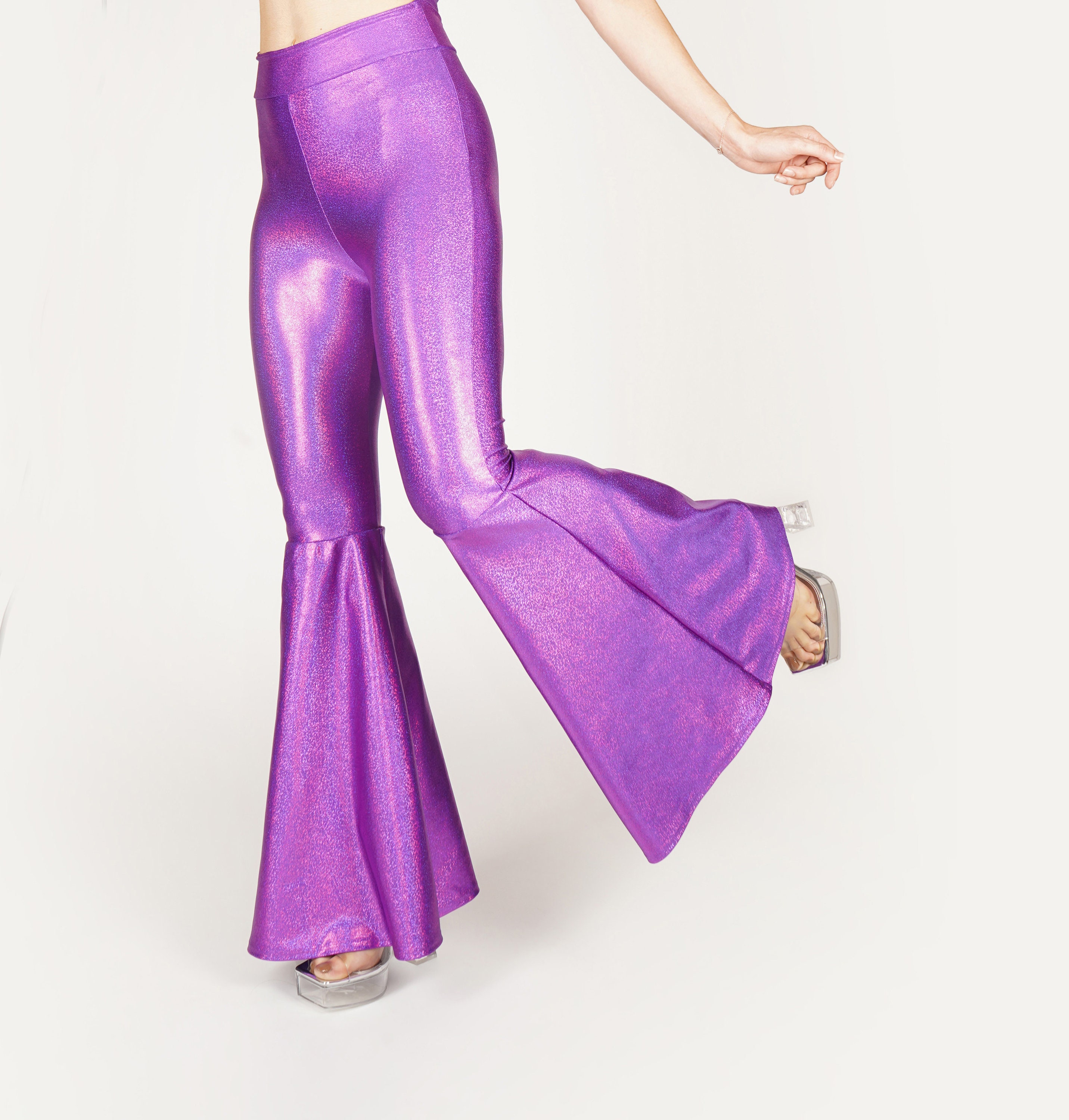 Purple Crushed Velvet Flare Leggings Customizable High Waisted