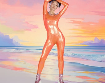 Hologram Iridescent Orange Catsuit Spandex Jumpsuit Unitard Bodysuit Mystique Metallic Festival Costume Size S M L