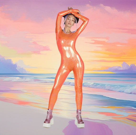 Hologram Iridescent Orange Catsuit Spandex Jumpsuit Unitard