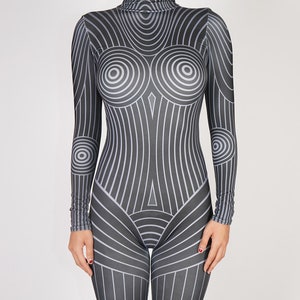Geometric Graphic Print Catsuit Spandex Jumpsuit Unitard Alien Robot Black and White Stripes Futuristic Halloween Costume S M L XL