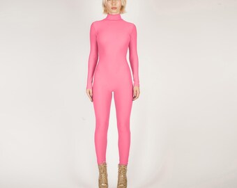 Pink Catsuit Turtle Neck Unitard Matte Nylon Spandex Bodysuit Jumpsuit Size XS S M L XL