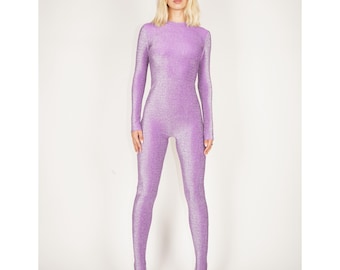 Glitter bodysuit iriserend lila catsuit spandex jumpsuit unitard maat SML XL XXL