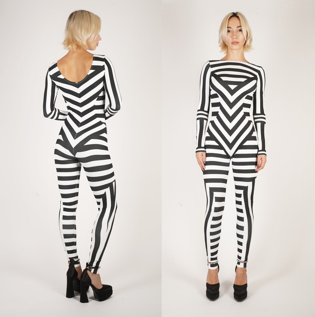 Black and White Striped Print Catsuit Spandex Jumpsuit