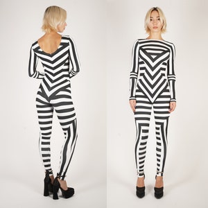 Black and White Striped Print Catsuit Spandex Jumpsuit Unitard Bodysuit  Geometric Graphic Pattern Cirque Du Soleil Stripes XS S M L XL XXL 