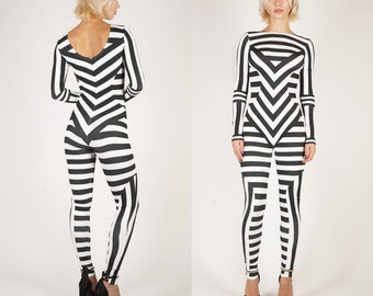 Black And White Striped Print Catsuit Spandex Jumpsuit Unitard Bodysuit Geometric Graphic Pattern Cirque Du Soleil Stripes XS S M L XL XXL